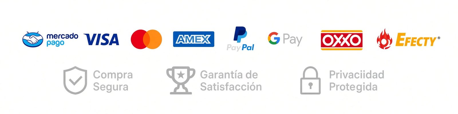 Métodos de pago seguros: Tarjetas, PayPal, Oxxo, Efecty y Garantía